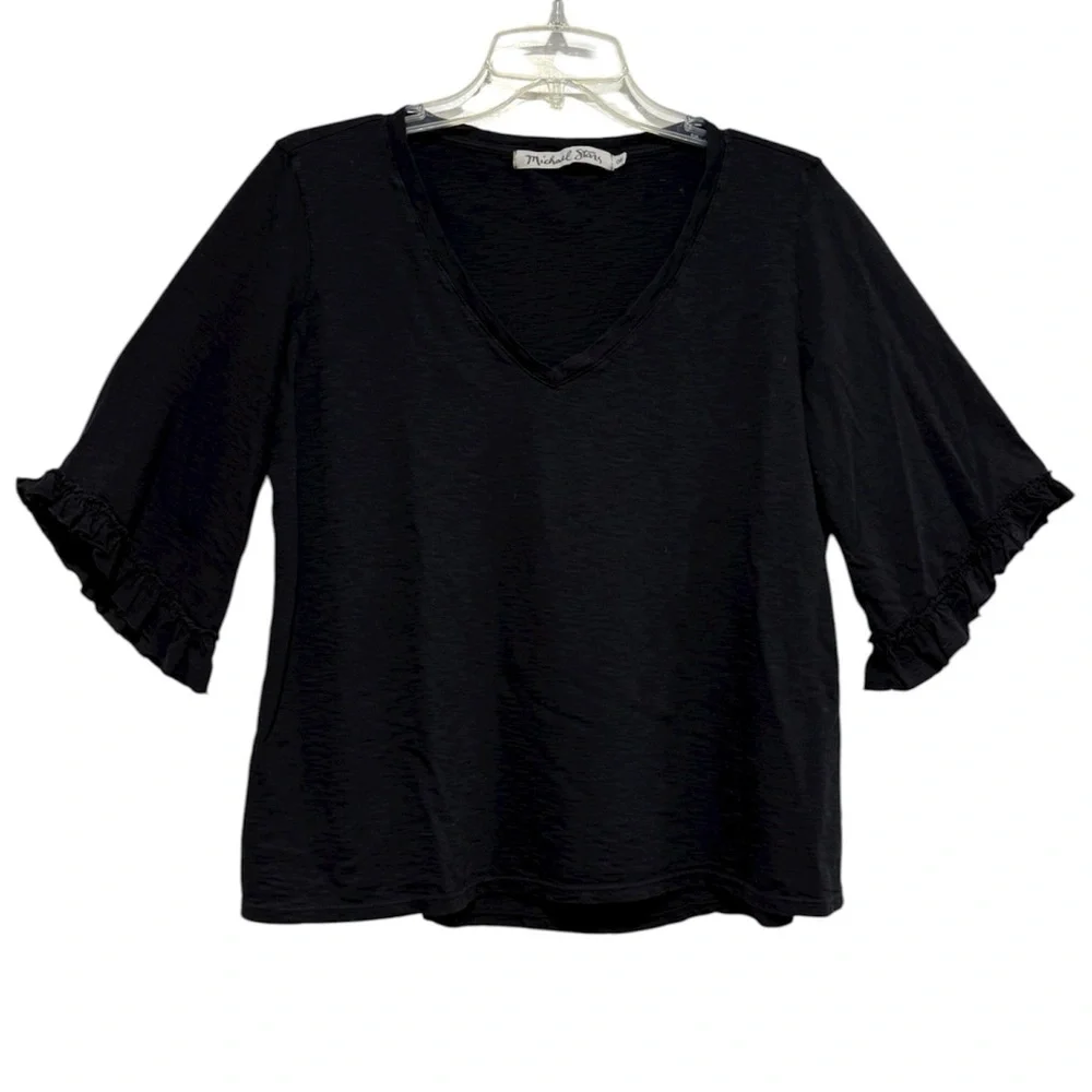Anthropologie Michael Stars V Neck Supima Flutter Sleeve Black T-Shirt
